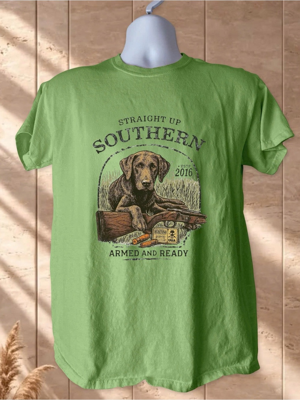 Gildan Green Short Sleeve Tee with Hunting Dog Graphic